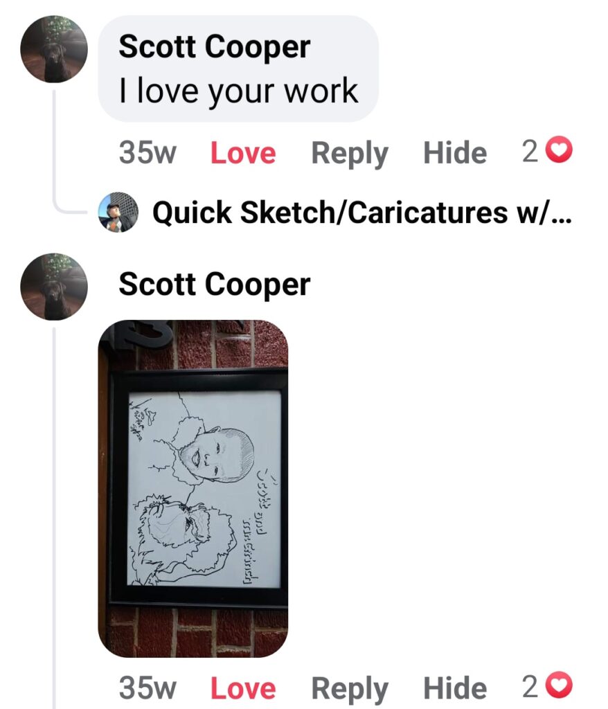 Facebook comments screenshot: Scott Cooper: "I love your work" Scott Cooper: (Image of caricature Scott and Mr. Grinch)