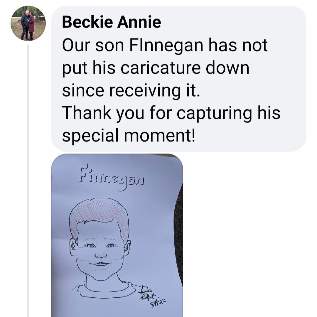 Facebook comment screenshot: Beckie Annie "Our son Finnegan has not put his caricature down since receiving it. Thank you for capturing his special moment!" (Caricature of Finnegan, a boy with red-brown colored hair.)