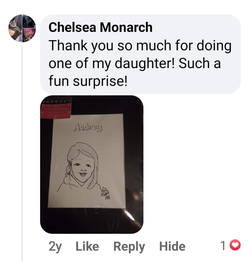 Facebook screenshot of a comment from Chelsea Monarch: "Thank you so much for doing one of my daughter! Such a fun surprise!"